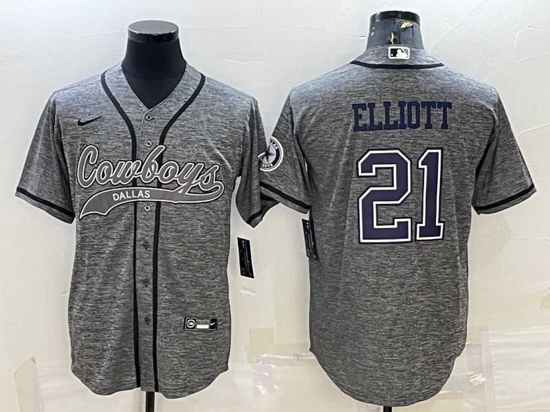 Mens Dallas Cowboys #21 Ezekiel Elliott Grey Gridiron With Patch Cool Base Stitched Baseball Jersey
